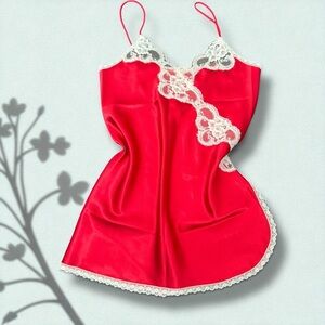Vintage Red Satin & Lace Slip Dress | 80s 90s Lingerie Nightgown S/M